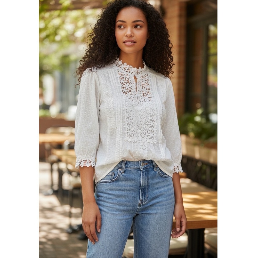 Paposon White Floral Crochet Lace‎ Dobby Button Front Blouse Top S-Romantic